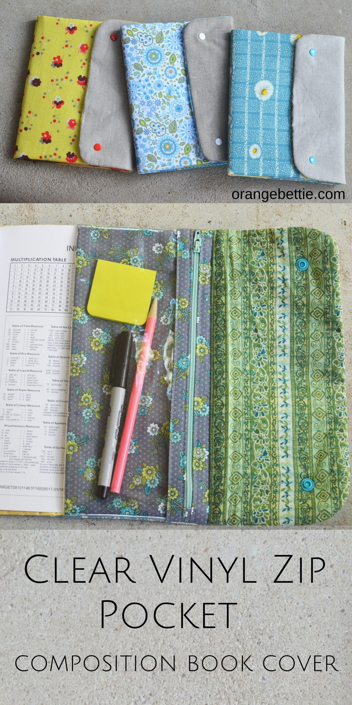 Make a composition book cover with a clear vinyl zip pouch to hold your pencils and pens!